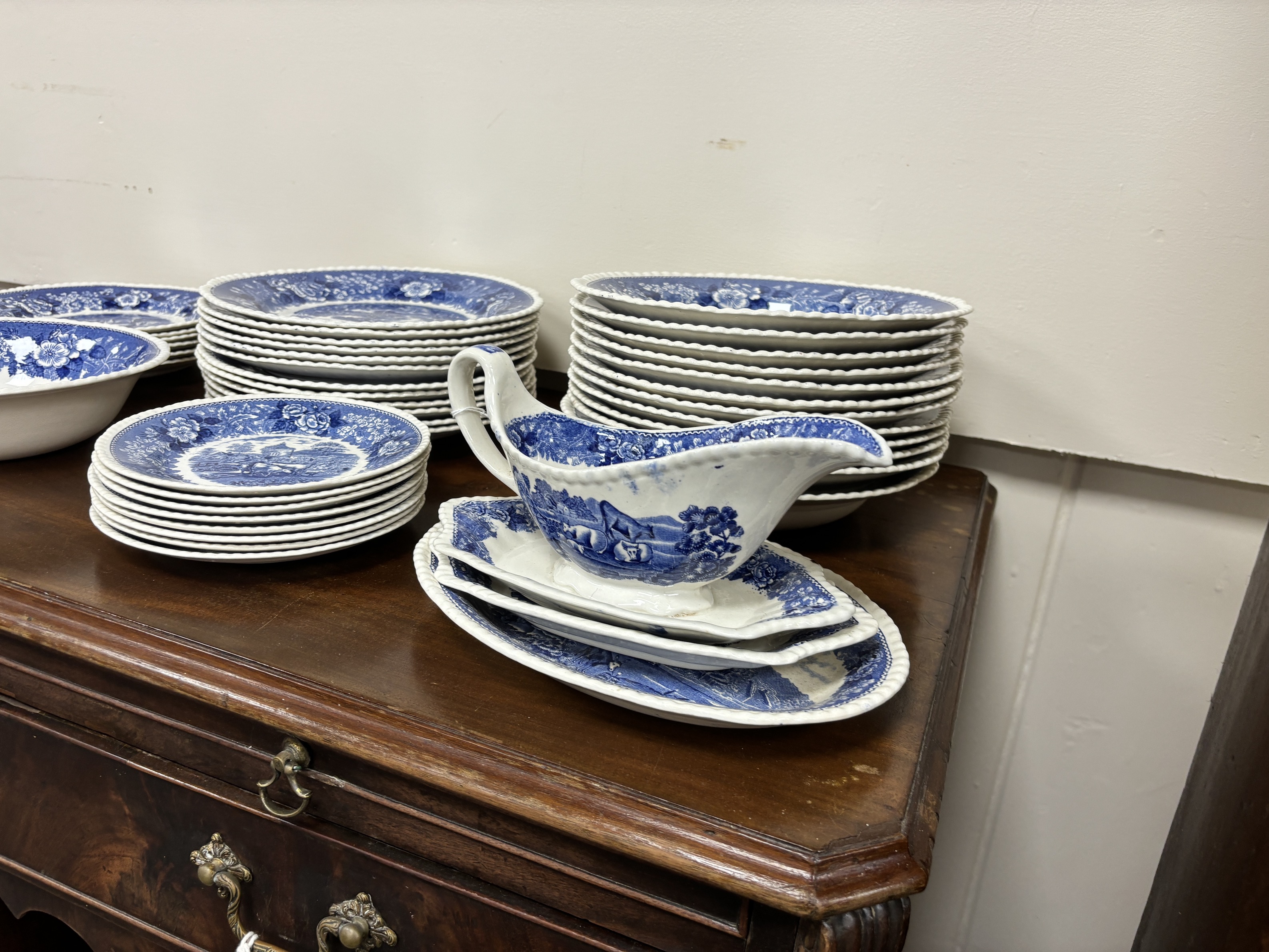 A forty two piece Flintware blue and white table set, early 1900s